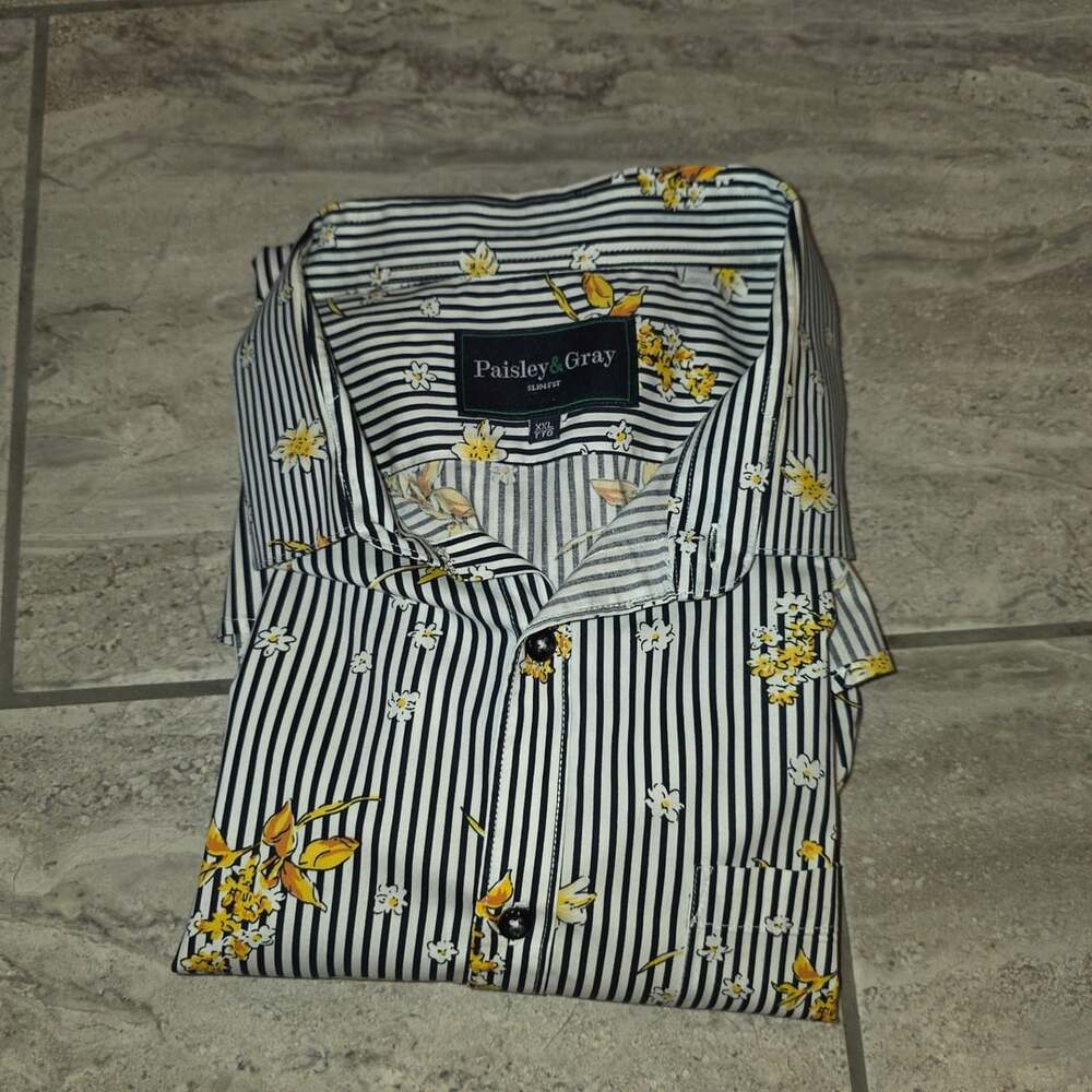 Paisley & Gray Slim Fit Long Sleeve Button Up Shirt XXL White Floral Stripe